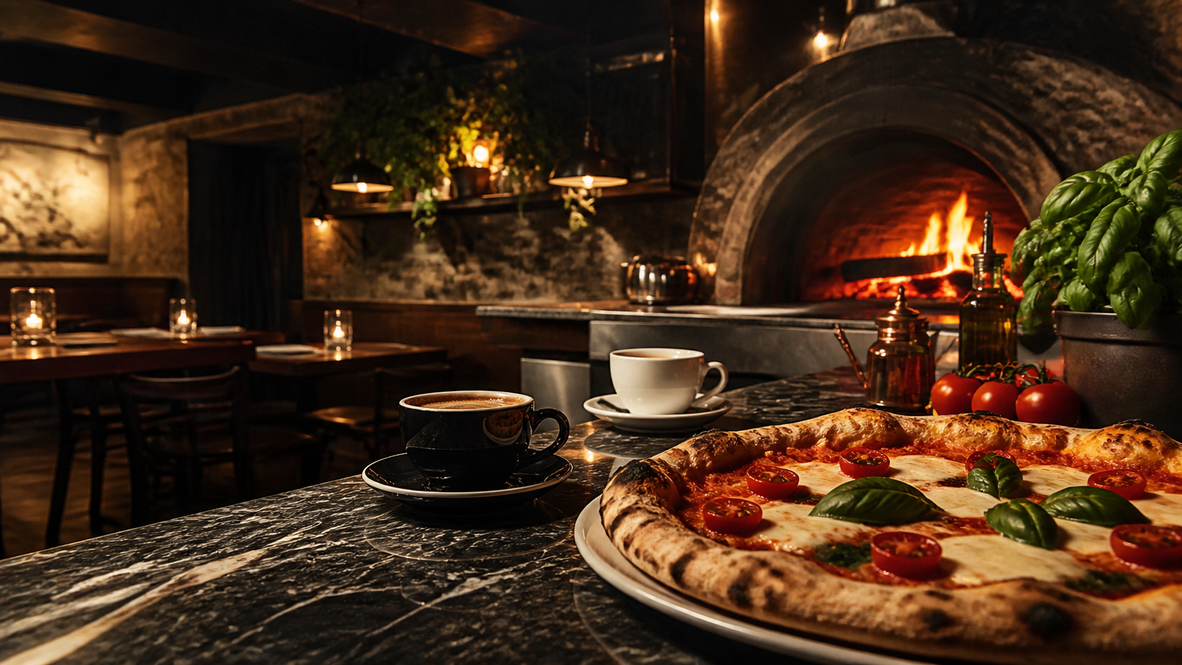 Pizza, Kaffee und warmer Steinofen im italienischen Restaurant